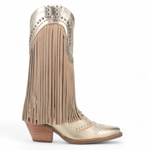 Dingo Gypsy Gold Fringe Cowboy Boots Size 8 - Picture 1 of 9